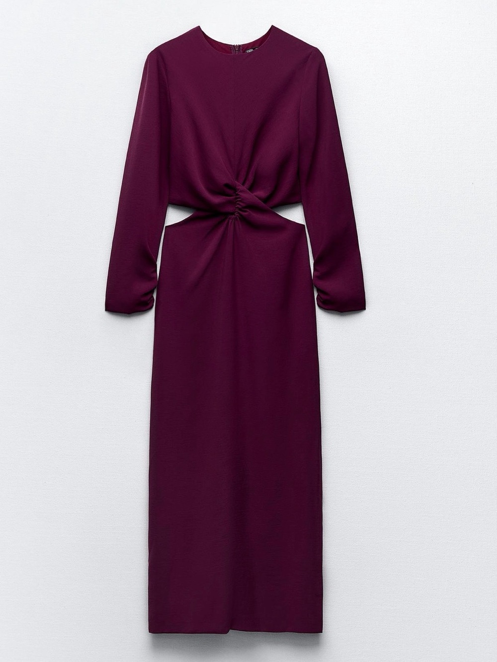 Long Sleeve Twist-Cut Midi Dress in Deep Plum
